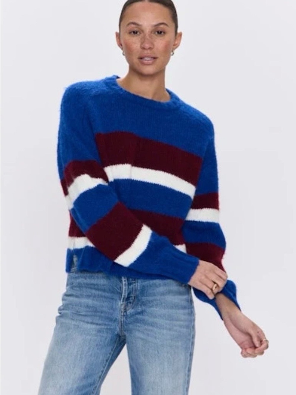 pistola Royal Blue, Burgundy & White Striped Crew Sweater